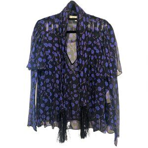 Diane Von Furstenberg Womens Blouse Black Blue Size 10 Sheer Silk Crepe Floral